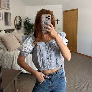 Maeve brand Striped Puff Sleeve Crop Top